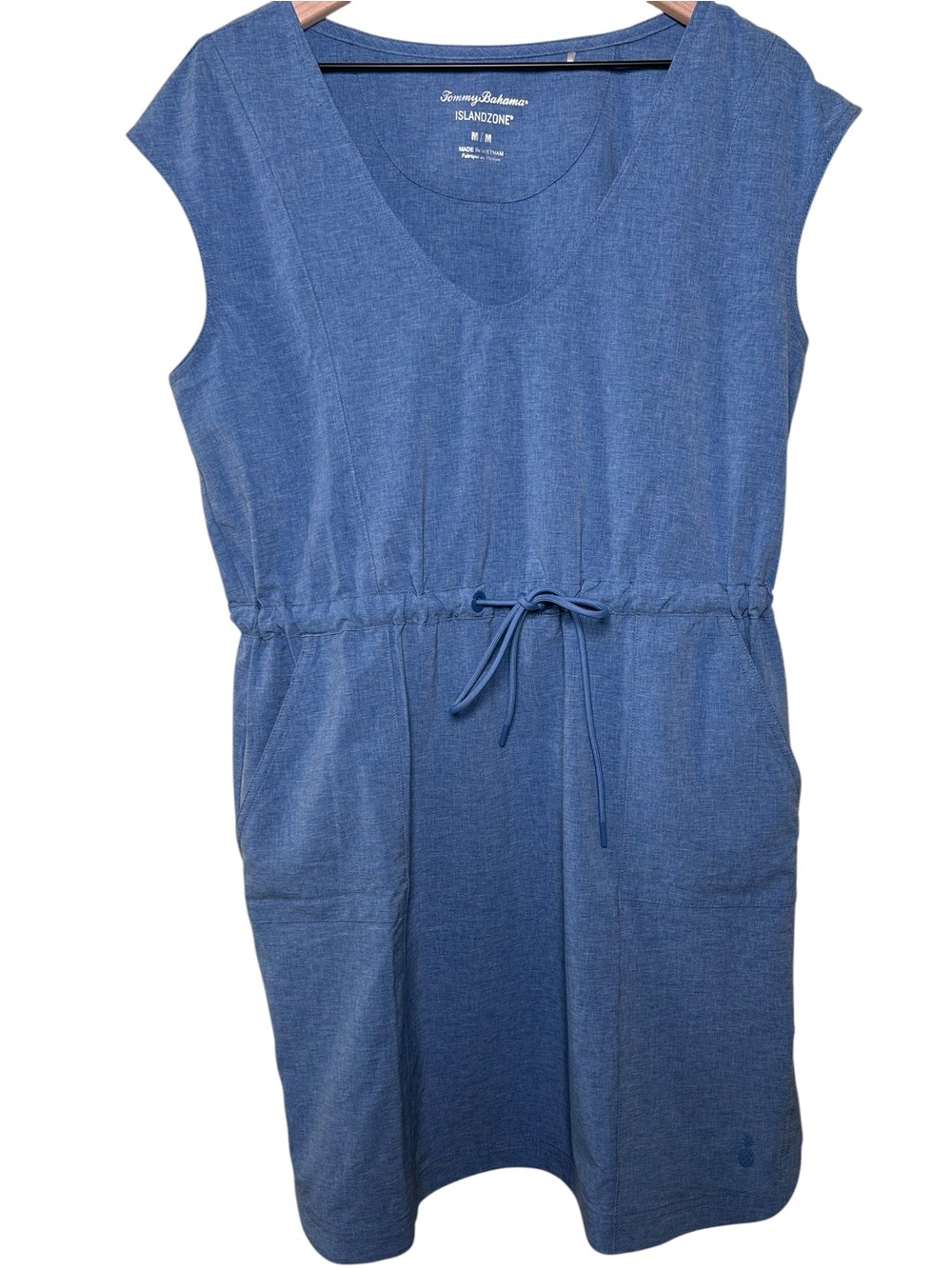 TOMMY BAHAMA IslandZone Alicia Chambray Drawstring Dress Blue Med Travel Stretch
